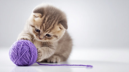 A cute kitten explores a purple yarn ball, showing curiosity and playfulness on a simple white surface.の素材