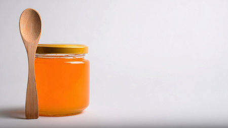 Bright golden honey sits in a clean jar next to a wooden spoon, ready for use in recipes or tea.の素材