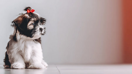 A small puppy with fluffy fur and a red bow sits quietly against a soft pastel background.の素材
