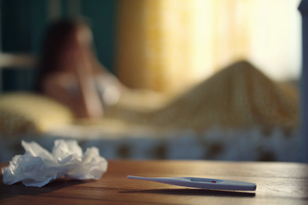 Young woman rests in bed with a thermometer and tissues by her side, showing signs of illness in a cozy room.の素材
