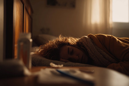 A sick young woman lies in bed, surrounded by a cozy atmosphere and warm light, appearing unwell and tired.の素材