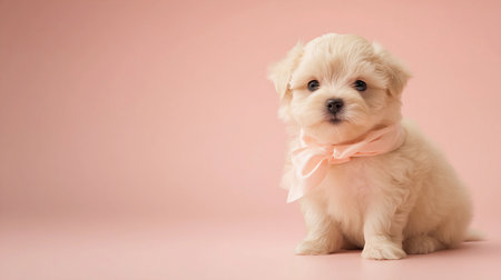 A small, fluffy puppy with a soft coat sits on the left side of a pastel background, looking inquisitive and adorable.の素材