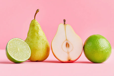Bright and natural still life showcases a delicious pear, apple, and lime on a pink background.の素材