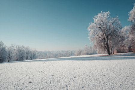 Frosted trees and a blanket of snow create a serene winter scene in soft morning light.の素材