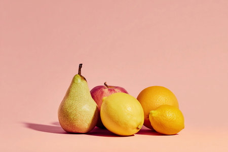 A colorful display of fresh fruits including apples, pears, and lemons sits against a gentle pink background.の素材