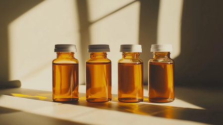 Four bottles with golden liquid sit on a neutral table, casting soft shadows under warm light.の素材
