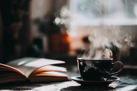 Warm steam rises from a cup of coffee beside an open book in a cozy cafe corner, inviting relaxation.の素材