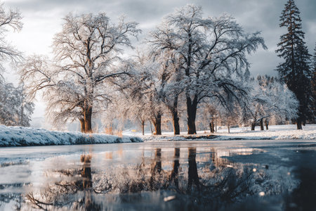 Snow-covered trees reflect in still water, capturing the serene beauty of a frosty morning.の素材