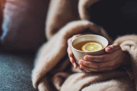 Young woman feeling unwell sits on a sofa, holding a warm drink with lemon while wrapped in a blanket.の素材