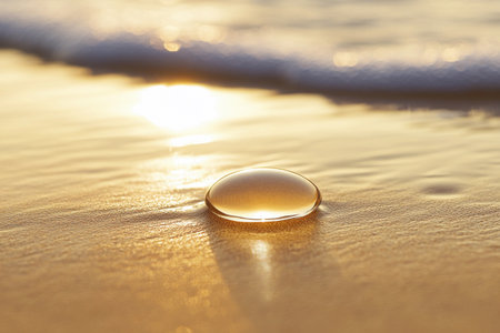 Fine grains of sand reflect light softly as a delicate drop of water rests above, creating a tranquil scene.の素材
