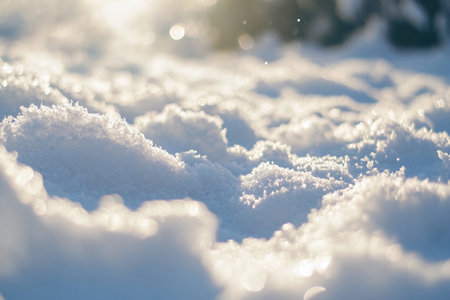 Snow blankets the ground with a smooth texture, softly illuminated in gentle light, creating a tranquil scene.の素材