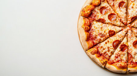 A warm pizza with melted cheese and toppings is paired with two drinks in a clean, minimal setting.の素材