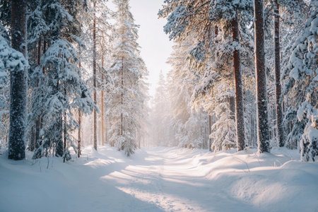 Soft light filters through snow-laden trees, illuminating a peaceful path in the winter forest.の素材