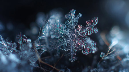 Delicate snowflake rests on icy surface, showing intricate details and unique patterns in winter.の素材