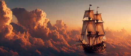 A ship navigates through fluffy clouds as the sun sets, casting warm colors in the sky.の素材