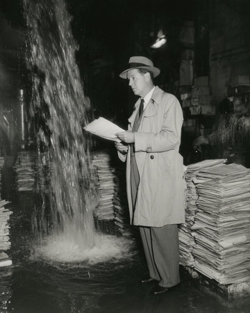 A man holds documents while standing under a waterfall of papers in a busy office. Water flows around him.の素材