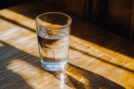 A glass containing water on a wooden table. Sunlight creates reflections and shadows around the glass during the day.の素材