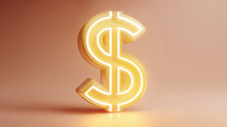 A dollar sign floats with soft light around it. The setting is simple and minimal.の素材