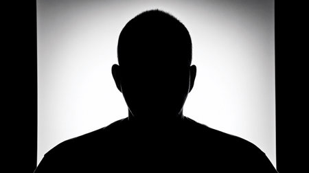 A glowing silhouette appears on a blank background in a photo studio. The scene shows a figure in focus.の素材