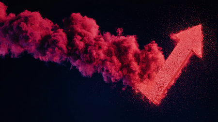 Smoke forms a downward arrow, symbolizing economic loss in a dark setting. The image illustrates a serious concept.の素材
