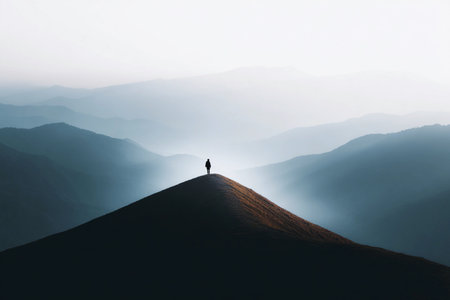 A hiker stands alone on a ridge looking over distant mountains during the day. The backlight creates a bright outline.の素材