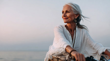 A woman with silver hair rides a vintage bicycle along the shore at sunset, smiling softly.の素材