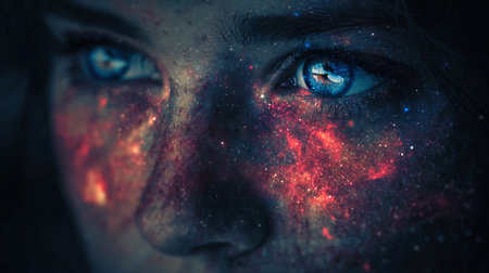A woman has galaxy texture skin and bright blue eyes that reflect the universe. She looks ahead thoughtfully.の素材