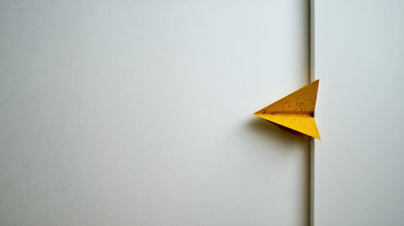 A paper airplane is lodged in the corner of a white wall during a business meeting at a startup office.の素材
