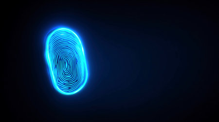 Neon outline of a fingerprint shows the importance of security in digital technology and protection of data.の素材