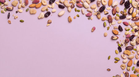 Assorted nuts and seeds are scattered on a soft pastel background ready for use in meals or snacks.の素材