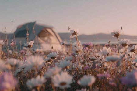 Wildflowers cover the meadow as a tent stands nearby under the soft light of sunset in spring.の素材
