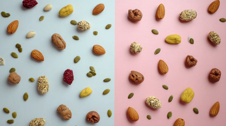 Nuts and seeds are spread on a pastel background. The arrangement shows various types in different colors.の素材