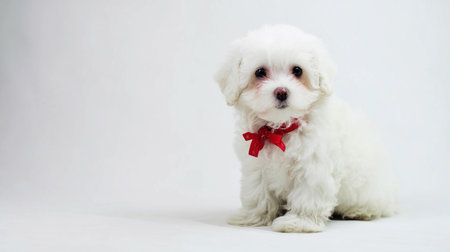 A small puppy sits on the left side with a red bow tied around its neck and looks around the room.の素材