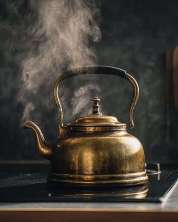 Steam rises from a brass kettle on a modern induction stove in a kitchen. The scene shows warmth and activity.の素材