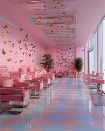 This salon has pink walls, chrome chairs, and butterflies on the walls. It is bright and inviting.の素材