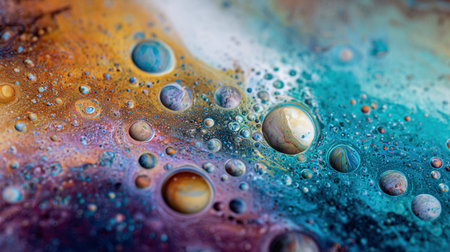 Close-up view shows colorful acrylic patterns and bubbles formed on the surface.の素材