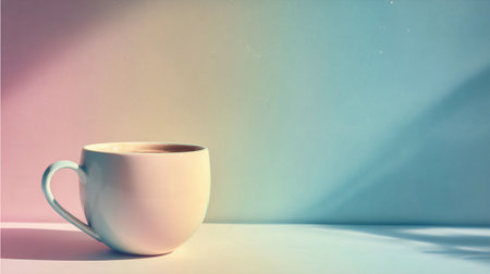 A cup of coffee sits on a light surface beside a pastel gradient background during daytime.の素材