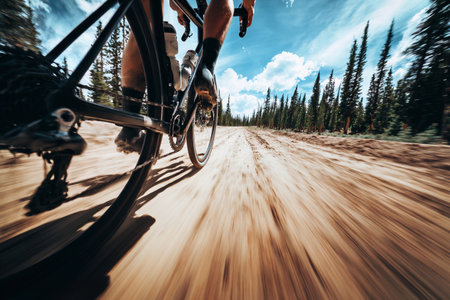 A tourist cycles down a gravel road surrounded by mountains under a bright blue sky with clouds.の素材