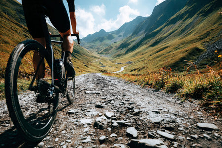 A person rides a gravel road through a mountain area with green grass and rocky paths during daytime.の素材