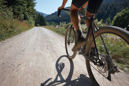 A tourist rides a bike along a gravel road surrounded by mountain scenery and greenery.の素材