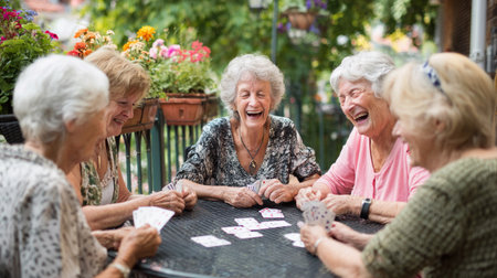 A group of seniors shares laughter while playing cards together on a patio filled with flowers.の素材