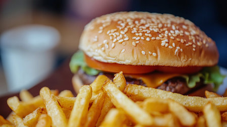 A fries combo set is placed on the table with a burger slightly out of focus behind it, creating a tasty scene.の素材