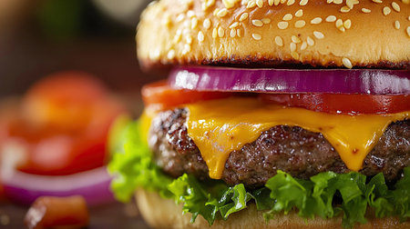 A cheeseburger shows cheese melting over a beef patty with lettuce, tomato, and onion in a simple setting.の素材