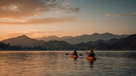 Two friends kayak on a lake at dusk while the sun sets behind the distant mountains and reflections appear on water.の素材