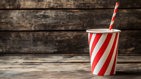 A cup filled with soda and a straw rests on a rustic wooden table surface in a simple setting.の素材
