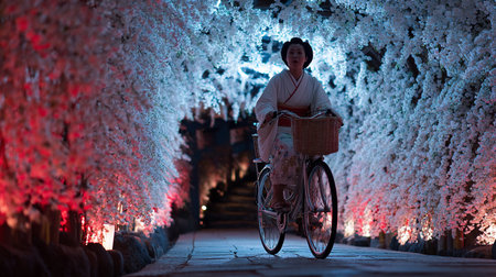 A person rides a bicycle through a tunnel filled with cherry blossoms in full bloom while enjoying the outdoors.の素材