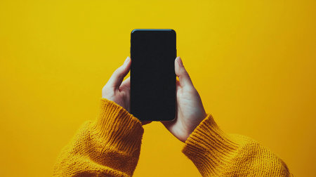 A person holds a smartphone with both hands in front of a bright yellow background.の素材