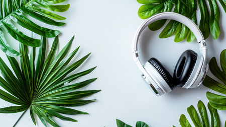 Headphones placed on a white table surrounded by fresh green leaves. The setup creates a simple and clean look.の素材