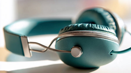 Headphones sit on a flat surface, illuminated by soft natural light, capturing their design and color.の素材