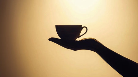 A hand holds a cup against a soft light background at sunset, creating a unique silhouette.の素材